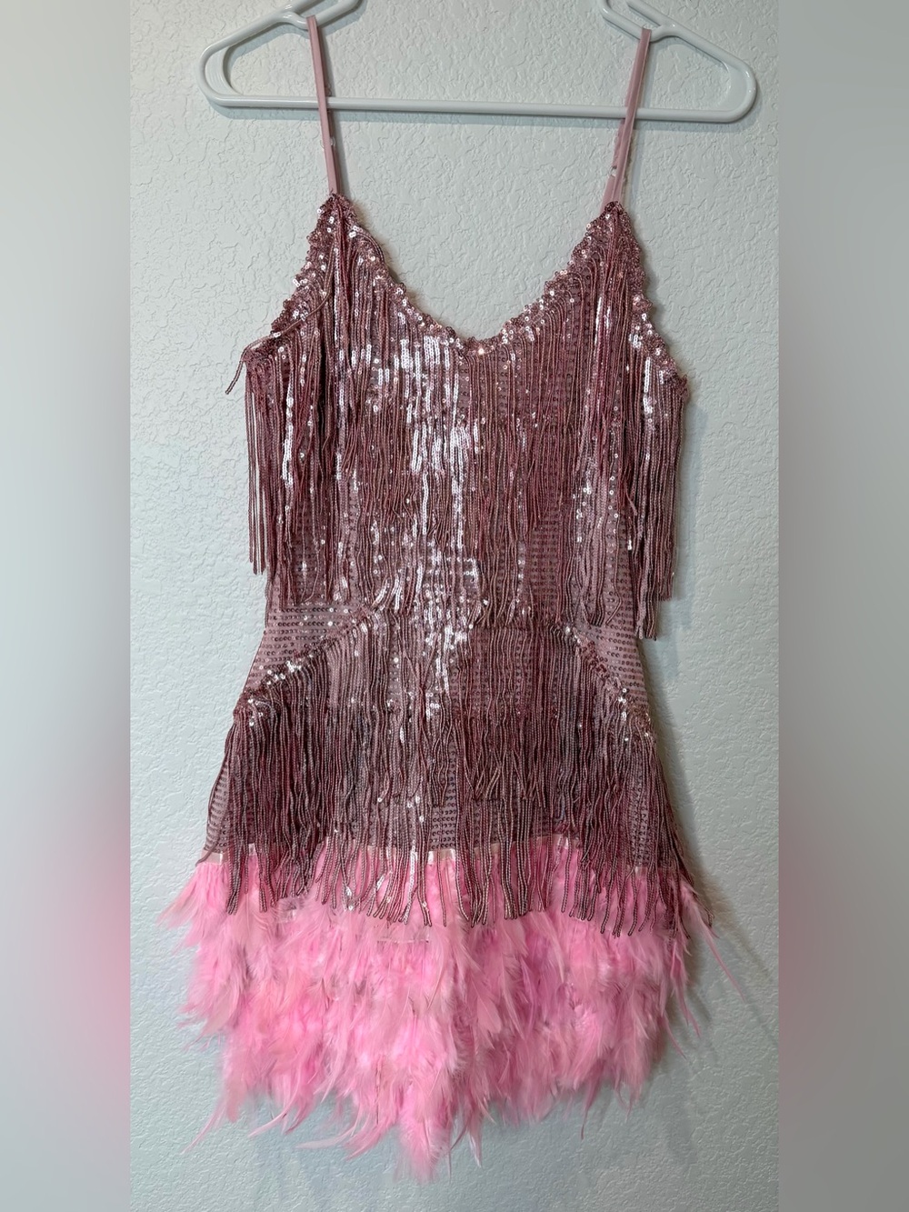 Women's Feather Fringe Sequin Spaghetti Strap Dress Evening Party Pink Medium